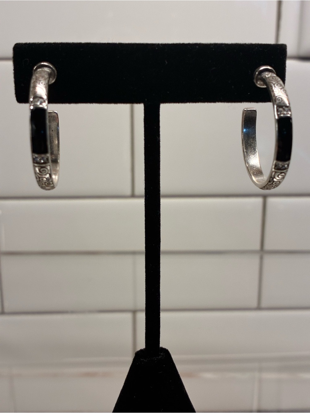 Brighton Silver Hoop Earrings with Black Inlay (Retired)